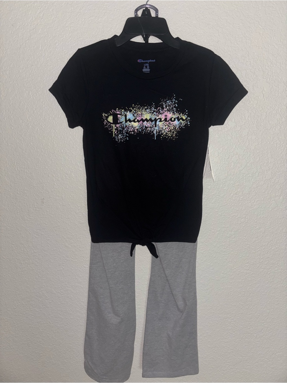 NWT Champion Girls Black Tee W/ Pastel Splatter Logo and  Front Tie & Gray Pants
